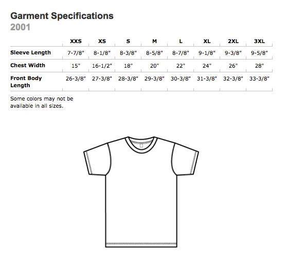 American Apparel 2001 Size Chart